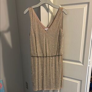 Cache, studded, nude sheath mini dress
